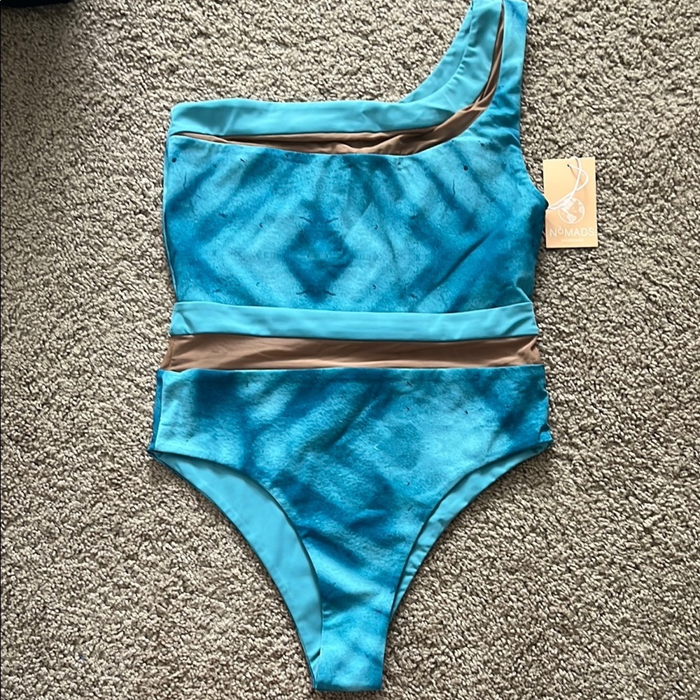 Blue and Tan One Piece Swimsuit with Sleek Design